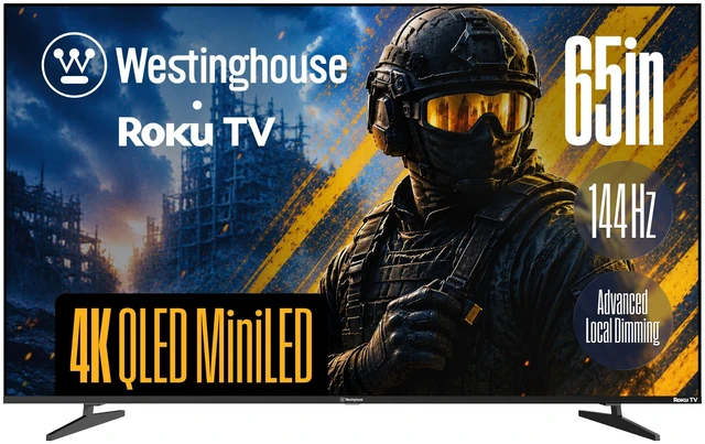 Main image of Westinghouse 65 Inch Mini LED 4K UHD Roku Smart TV Max, Native 144Hz Refresh Rate, VRR & ALLM Gaming, QLED Quantum Color, Dolby Vision HDR, Local Dimming, MEMC Motion, Apple AirPlay 2 & HomeKit
