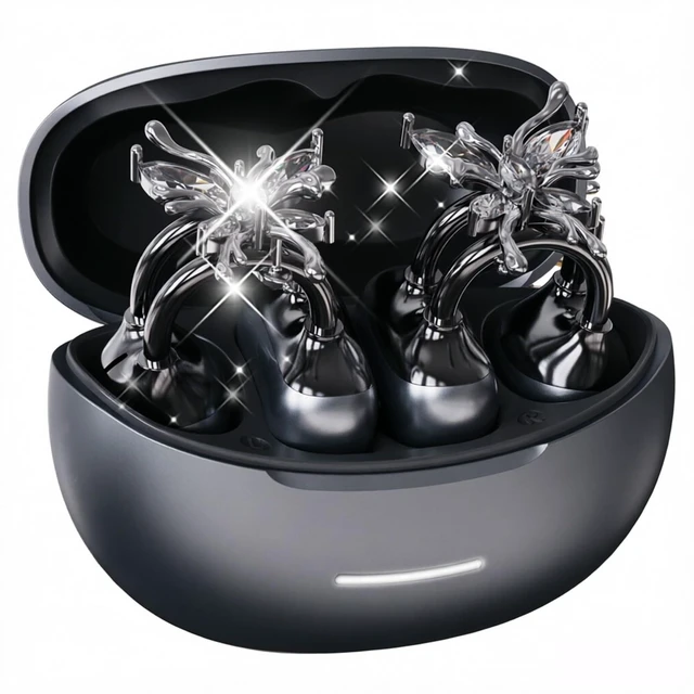 Main image of NexBeam Clip-On Open Ear Earbuds with Detachable Crystal Butterfly Earrings, Bluetooth 6.0 Wireless Headphones for Women, 50H Playtime, Comfortable Fit for Small Ears, Sports, Glasses Wearers (