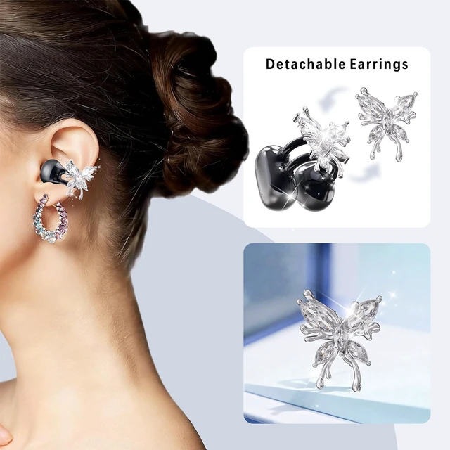 Alt view image 2 of 5 - NexBeam Clip-On Open Ear Earbuds with Detachable Crystal Butterfly Earrings, Bluetooth 6.0 Wireless Headphones for Women, 50H Playtime, Comfortable Fit for Small Ears, Sports, Glasses Wearers (