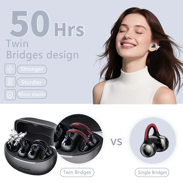 Alt view image 5 of 5 - NexBeam Clip-On Open Ear Earbuds with Detachable Crystal Butterfly Earrings, Bluetooth 6.0 Wireless Headphones for Women, 50H Playtime, Comfortable Fit for Small Ears, Sports, Glasses Wearers (