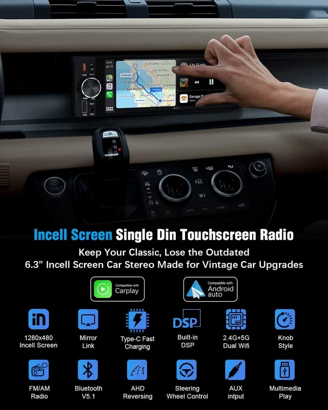 Alt view image 2 of 5 - SOOEMAKA Single Din Radio, Wireless CarPlay 6.36" Touchscreen Car Stereo