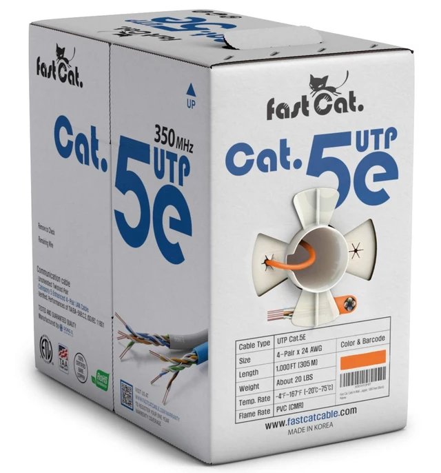 Main image of fast Cat. Cat5e Ethernet Cable 1000ft - 24 AWG, CMR, Insulated Bare Copper Wire Cat 5 ethernet Cable with FastReel - 350MHZ / Gigabit Speed UTP Cable Cat5e - CMR (Orange)
