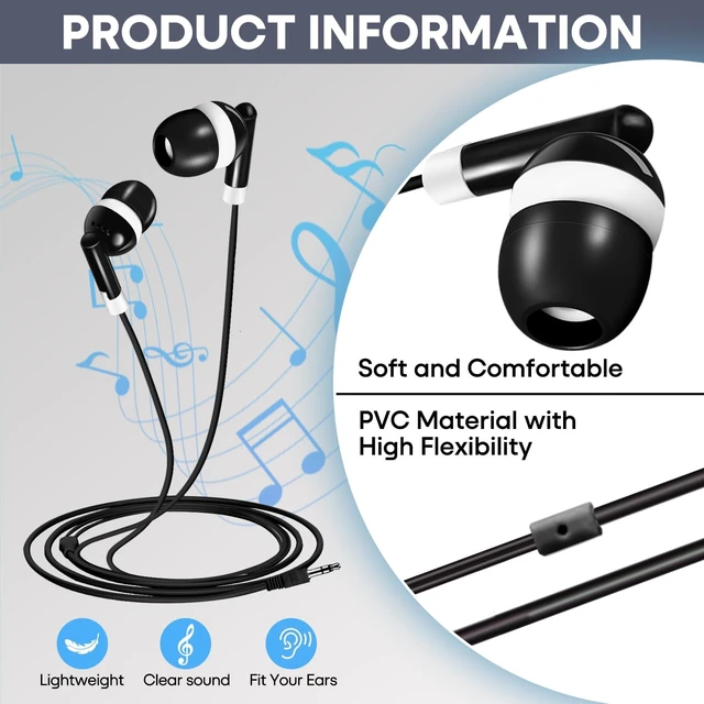 Alt view image 4 of 5 - Wensdo Bulk Earbuds 200 Pack for Classroom School Kids, Wired in-Ear Headphones with 3.5mm Jack, Black Dot Disposable Class Set Earphones for Students, Individually Bagged (HY01,200 Black)