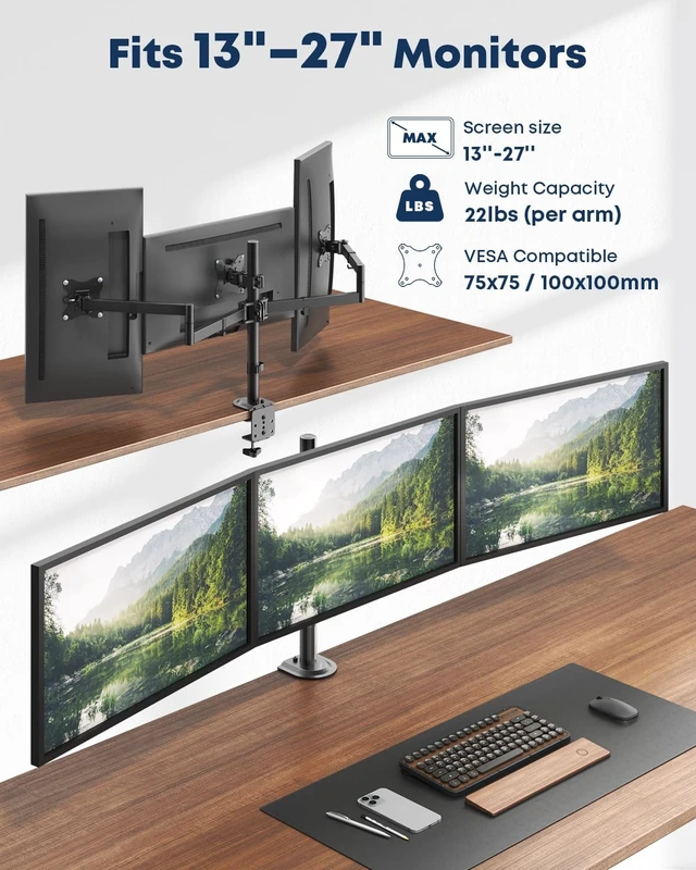 Alt view image 3 of 5 - STANDOPIA Triple Monitor Desk Mount for 13-27 Inch Screens, VESA 75/100