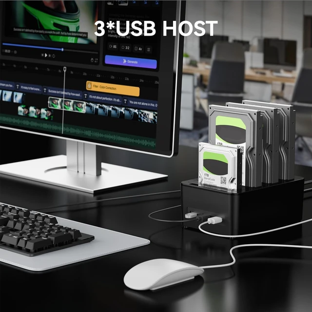 Alt view image 5 of 5 - CENMATE 4 Bay Hard Drive Enclosure for 2.5/3.5" SATA HDD/SSD with USB A/C 3.0, Hard Drive Enclosure with 3 USB-A Ports Support Hot Swappable, Tool-Free HDD Enclosure