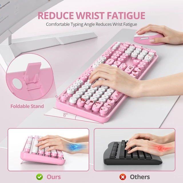 Alt view image 2 of 5 - iRoboosta Pink Keyboard and Mouse Wireless, 2.4GHz Cute Typewriter Keyboard with Round Keycaps, Full Size Colorful Key Board with Number Pad, Home and Office Aesthetic Keyboards (Cute Pink)