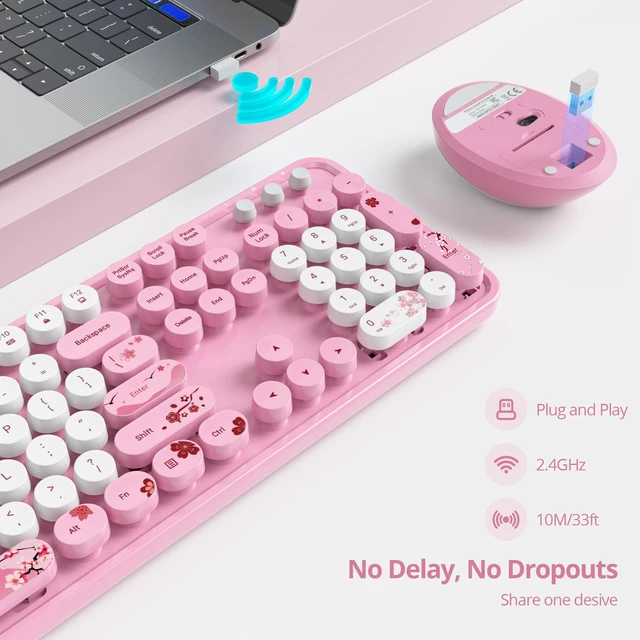 Alt view image 4 of 5 - iRoboosta Pink Keyboard and Mouse Wireless, 2.4GHz Cute Typewriter Keyboard with Round Keycaps, Full Size Colorful Key Board with Number Pad, Home and Office Aesthetic Keyboards (Cute Pink)