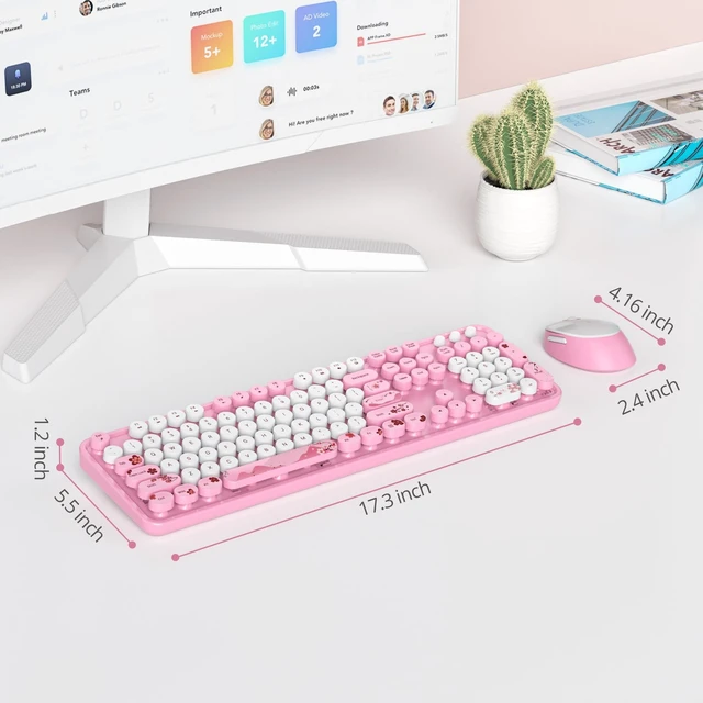 Alt view image 5 of 5 - iRoboosta Pink Keyboard and Mouse Wireless, 2.4GHz Cute Typewriter Keyboard with Round Keycaps, Full Size Colorful Key Board with Number Pad, Home and Office Aesthetic Keyboards (Cute Pink)