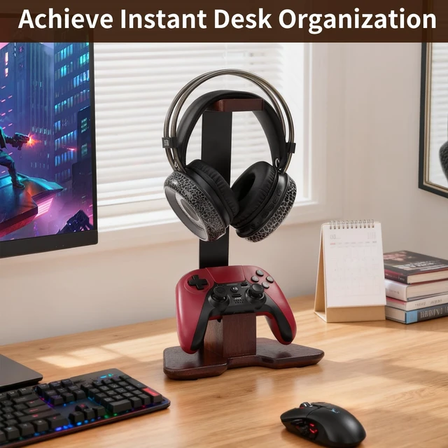 Alt view image 5 of 5 - Vruelia Gaming Headset and Controller Stand, Walnut Wood