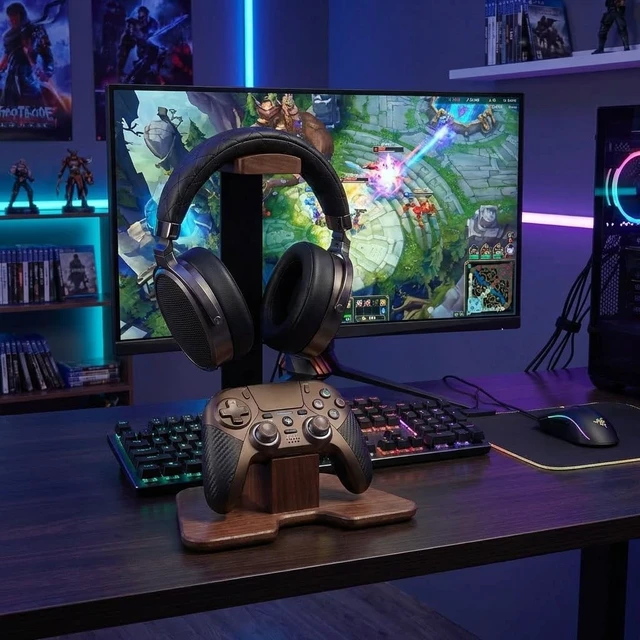 Alt view image 2 of 5 - Vruelia Gaming Headset and Controller Stand, Walnut Wood