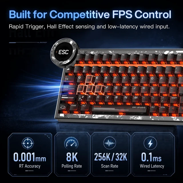 Alt view image 4 of 5 - DRY STUDIO Battleye R2 Magnetic Switch Wired Gaming Keyboard, 74.5 RT 0.001 Rapid Trigger, 0.1ms Latency, 8K Polling, 0.97s 4 Mode Rapid Switch, 1.7" LCD Tactical Display, Aluminum Body, RGB, Carbon