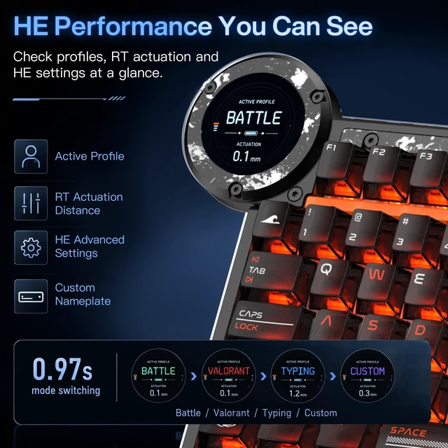 Alt view image 3 of 5 - DRY STUDIO Battleye R2 Magnetic Switch Wired Gaming Keyboard, 74.5 RT 0.001 Rapid Trigger, 0.1ms Latency, 8K Polling, 0.97s 4 Mode Rapid Switch, 1.7" LCD Tactical Display, Aluminum Body, RGB, Carbon