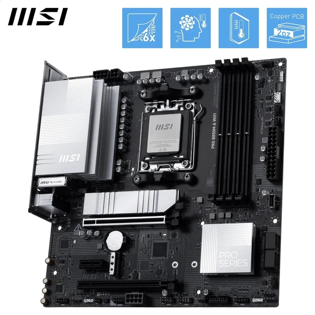 Alt view image 4 of 5 - MSI PRO B850M-A WiFi Motherboard, mATX - Supports AMD Ryzen 9000/8000 / 7000 Processors, AM5 - DDR5 Memory Boost (8200+ MT/s OC), PCIe 5.0 x16 & 4.0 x4, M.2 Gen5, Wi-Fi 7, 5G LAN