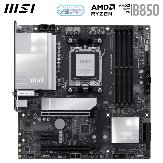 Alt view image 2 of 5 - MSI PRO B850M-A WiFi Motherboard, mATX - Supports AMD Ryzen 9000/8000 / 7000 Processors, AM5 - DDR5 Memory Boost (8200+ MT/s OC), PCIe 5.0 x16 & 4.0 x4, M.2 Gen5, Wi-Fi 7, 5G LAN