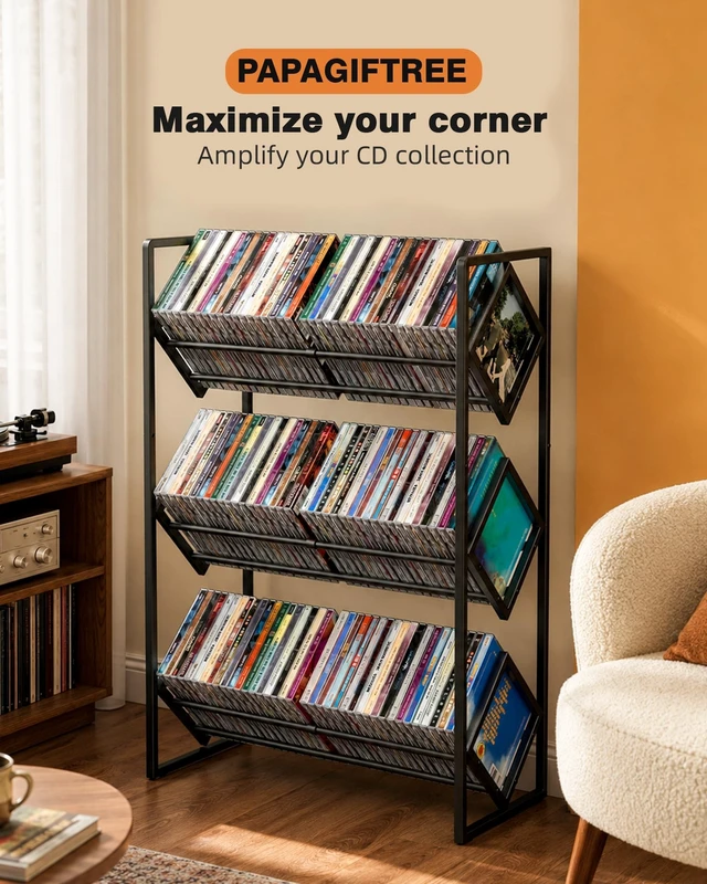Alt view image 2 of 5 - PAPAGIFTREE 3-Tier CD Storage Metal Display Shelf, CD Holder Rack with Adjustable Divider, Store up to 120 CDs with Non-slip Feet, Modern for Music Collection Enthusiasts Home Organization and Decor