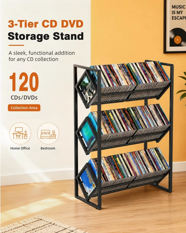 Alt view image 3 of 5 - PAPAGIFTREE 3-Tier CD Storage Metal Display Shelf, CD Holder Rack with Adjustable Divider, Store up to 120 CDs with Non-slip Feet, Modern for Music Collection Enthusiasts Home Organization and Decor