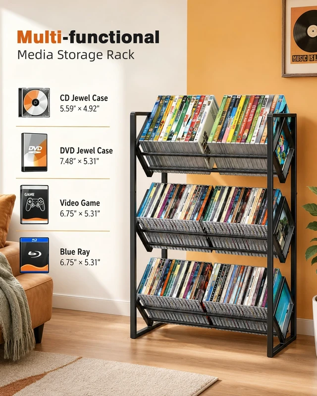 Alt view image 4 of 5 - PAPAGIFTREE 3-Tier CD Storage Metal Display Shelf, CD Holder Rack with Adjustable Divider, Store up to 120 CDs with Non-slip Feet, Modern for Music Collection Enthusiasts Home Organization and Decor