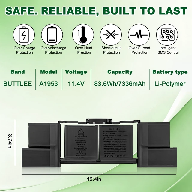 Alt view image 4 of 5 - BUTTLEE A1953 A1990 Battery Replacement for MacBook Pro A1990(2018, 2019) 15-inch