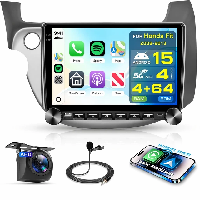 Main image of 4 Core 4G+64G Car Stereo Radio for Honda Fit 2008-2013 with DSP Wireless Carplay Android Auto Knob Keybutton, 10" 1280P IPS Touch Screen Car Radio Bluetooth 5.0 GPS 5G WiFi FM/RDS SWC Backup Ca