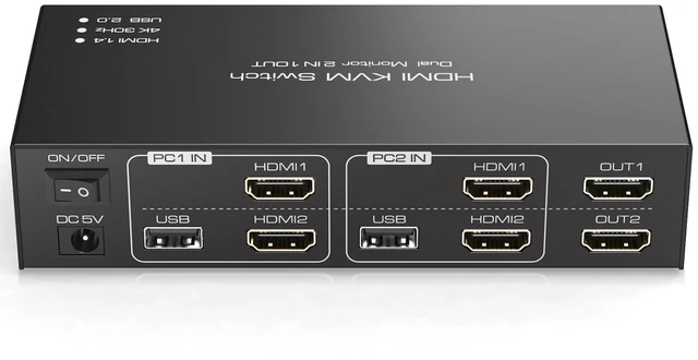 Main image of HDMI KVM Switch 2 Monitors 2 Computers 4K@30Hz for 2 Computers Share Dual Monitors and Keyboard Mouse Printer U Disk Support Extended/Copy Mode with 2 USB Cables and Controller