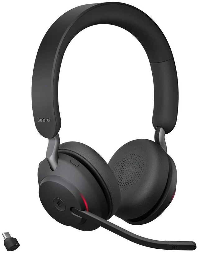 Main image of Jabra Evolve2 65 Bluetooth Wireless Headset with Mic for Calls and Music, Dual-Ear Headphones with USB-C Adapter, Up to 37 Hours Battery, Noise-Cancelling, Works with Online Meeting Apps, Black