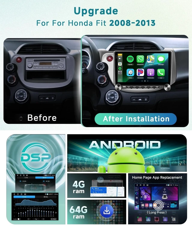 Alt view image 2 of 5 - 4 Core 4G+64G Car Stereo Radio for Honda Fit 2008-2013 with DSP Wireless Carplay Android Auto Knob Keybutton, 10" 1280P IPS Touch Screen Car Radio Bluetooth 5.0 GPS 5G WiFi FM/RDS SWC Backup Ca