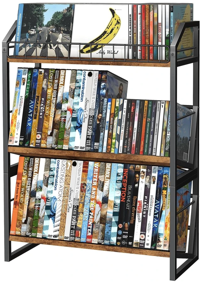 Main image of ELITEROO 3-Tier CD Storage Rack, Wood DVD Holder with 2-in-1 Assembly Design, Tilting CD Organizer Tower Holds Up to 112 CDs or 78 DVDs, Table Top DVD Display Stand for Music Enthusiasts, Rustic Brown
