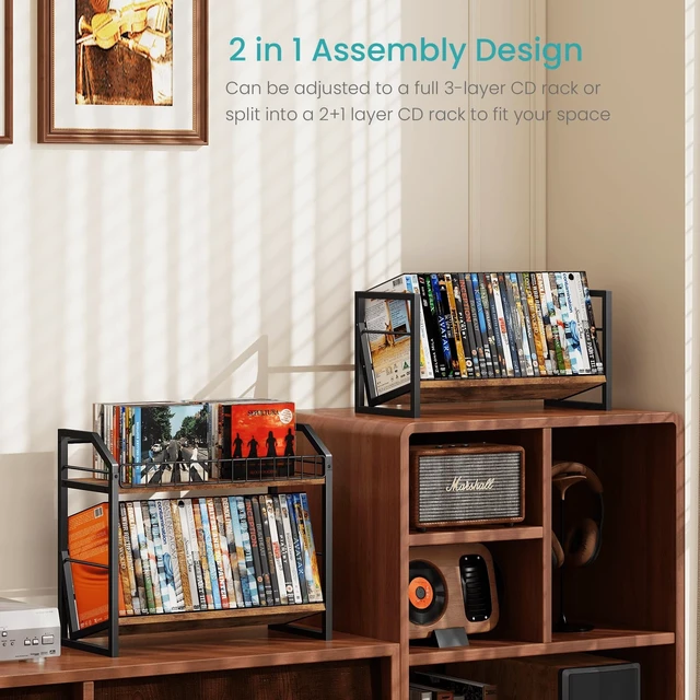 Alt view image 2 of 5 - ELITEROO 3-Tier CD Storage Rack, Wood DVD Holder with 2-in-1 Assembly Design, Tilting CD Organizer Tower Holds Up to 112 CDs or 78 DVDs, Table Top DVD Display Stand for Music Enthusiasts, Rustic Brown