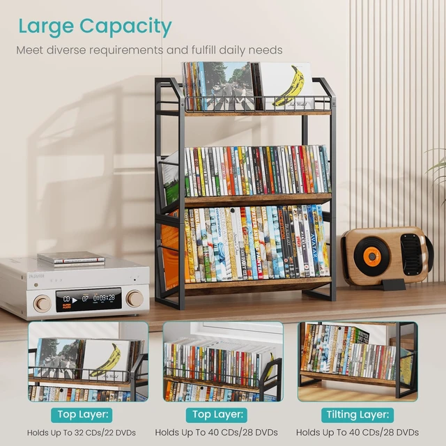 Alt view image 4 of 5 - ELITEROO 3-Tier CD Storage Rack, Wood DVD Holder with 2-in-1 Assembly Design, Tilting CD Organizer Tower Holds Up to 112 CDs or 78 DVDs, Table Top DVD Display Stand for Music Enthusiasts, Rustic Brown