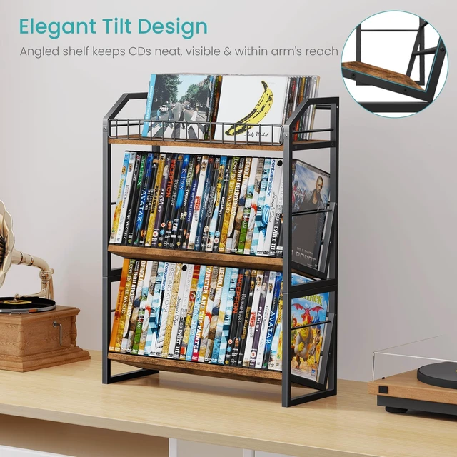 Alt view image 3 of 5 - ELITEROO 3-Tier CD Storage Rack, Wood DVD Holder with 2-in-1 Assembly Design, Tilting CD Organizer Tower Holds Up to 112 CDs or 78 DVDs, Table Top DVD Display Stand for Music Enthusiasts, Rustic Brown