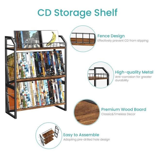 Alt view image 5 of 5 - ELITEROO 3-Tier CD Storage Rack, Wood DVD Holder with 2-in-1 Assembly Design, Tilting CD Organizer Tower Holds Up to 112 CDs or 78 DVDs, Table Top DVD Display Stand for Music Enthusiasts, Rustic Brown