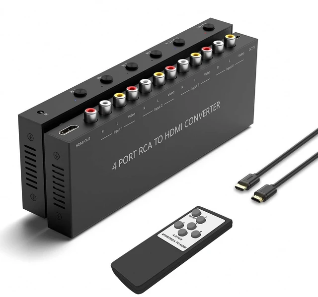 Main image of Y.D.F 4 Port RCA to HDMI Converter 4 Way RCA Composite CVBS AV Switch to HDMI Converter Adapter Support 4:3/16:9 Switching, for Sega Xbox PS1 PS2 PS3 N64 NGC SNES WII VHS VCR Camera DVD