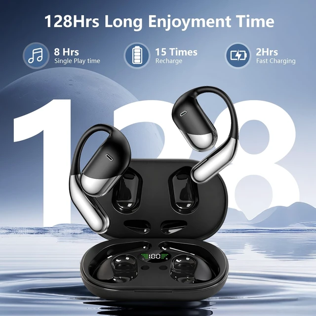 Alt view image 2 of 5 - Open Ear Clip Wireless Earbuds Bone Conduction HeadphonesBuilt-in Mic, IPX7 Waterproof, LED Display Charging Case,Ear Hooks Ear Buds, Ultra-Comfort Bluetooth Earphones for Running Fitness,offic