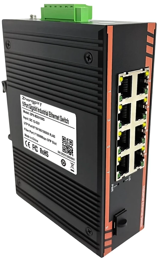 Main image of ZHONGPXY 9 Port Gigabit Industrial Ethernet Switch, 8RJ45 and 1Gigabit SFP Fiber Port, Plug & Play Unmanaged DIN Rail Switch, Fanless Metal Housing, 12-52V DC, -40~80C