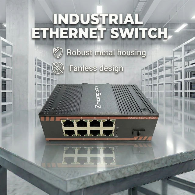 Alt view image 2 of 5 - ZHONGPXY 9 Port Gigabit Industrial Ethernet Switch, 8RJ45 and 1Gigabit SFP Fiber Port, Plug & Play Unmanaged DIN Rail Switch, Fanless Metal Housing, 12-52V DC, -40~80C