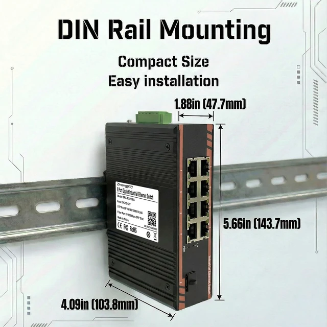 Alt view image 5 of 5 - ZHONGPXY 9 Port Gigabit Industrial Ethernet Switch, 8RJ45 and 1Gigabit SFP Fiber Port, Plug & Play Unmanaged DIN Rail Switch, Fanless Metal Housing, 12-52V DC, -40~80C