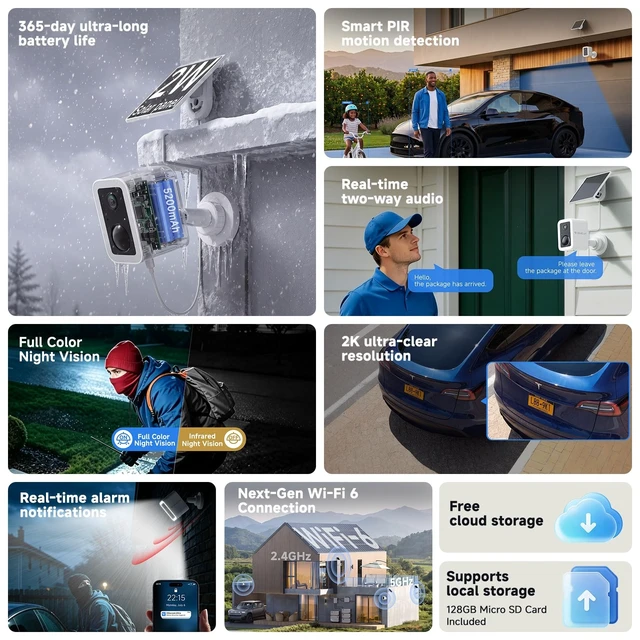 Alt view image 2 of 5 - VSTARCAM 2K Solar Security Camera Outdoor Wireless, 128GB SD Card Included, Free Cloud Storage, 5200mAh Battery & Solar Panel, Magnetic Quick Mount No Drill Installation, PIR Human Detection