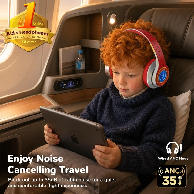 Alt view image 2 of 5 - iClever Noise Cancelling Headphones for Kids Bluetooth 75H Play LED Lights