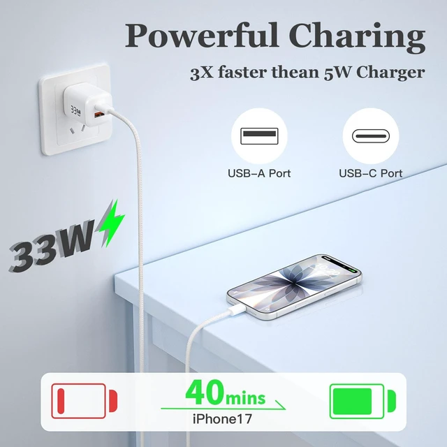 Alt view image 2 of 5 - 33W USB C Charger for iPhone 17 Fast Charging 2Pack Nylon Braided Cable 6FT