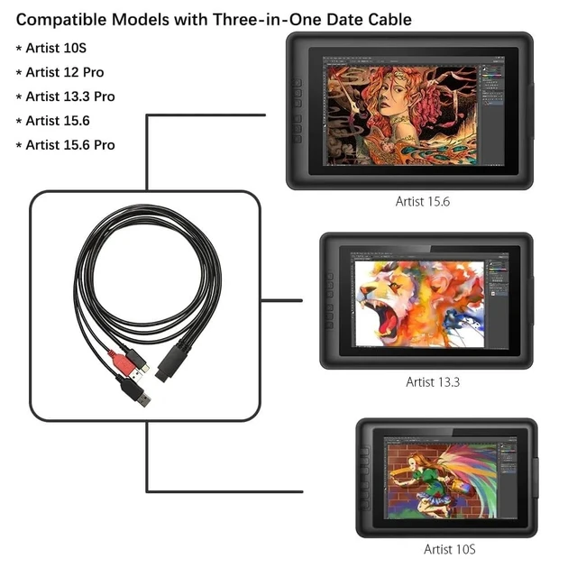 Alt view image 5 of 5 - Havapen SPE40 3-in-1 Cable for XPPen Artist 12 Pro/13.3(Pro)/15.6(Pro), Artist 13.3 Pro V2/15.6 Pro V2 Drawing Tablet - Creative Pen Display Cable
