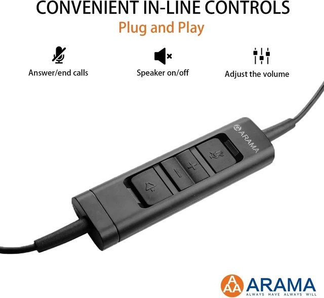 Alt view image 5 of 5 - Arama USB Headset with Microphone for PC, Computer Headset with Microphone, Noise Cancelling Adjustable Volume Control Lightweight, for Laptop Business Skype UC Webinar Call Center Office(802)