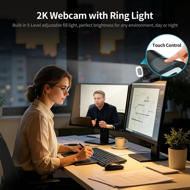 Alt view image 2 of 5 - TOALLIN 2K Webcam with Ring Light for Streaming, 1080P 60FPS, Dual Mic