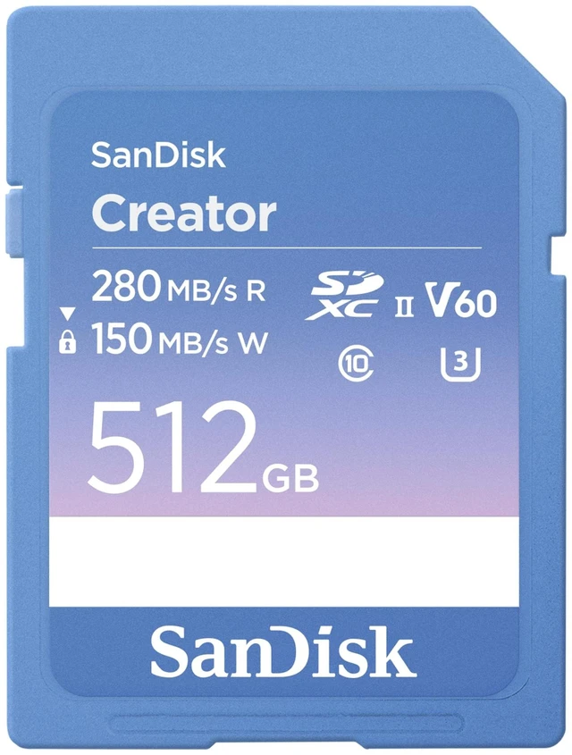 Main image of SANDISK 512GB Creator SD UHS-II Card, Read speeds up to 280MB/s, for DSLR and Mirrorless Cameras, 4K UHD, 6K Video, V60, 1 Month of Adobe Creative Cloud Included - SDSDXEP-512G-GNCIS