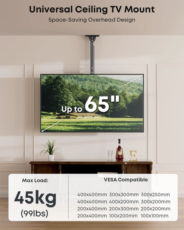 Alt view image 2 of 5 - Ceiling TV Mount for 26-65 inch TVs, Full Motion Tilt & 360 Swivel