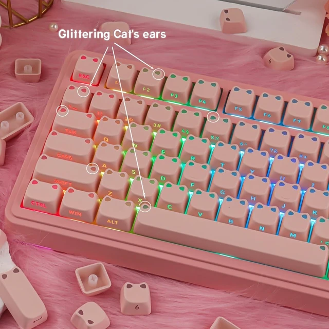 Alt view image 3 of 5 - Pink Keycaps - Shine Through PBT Keycaps,113 Keys Side Print Cat Keycaps
