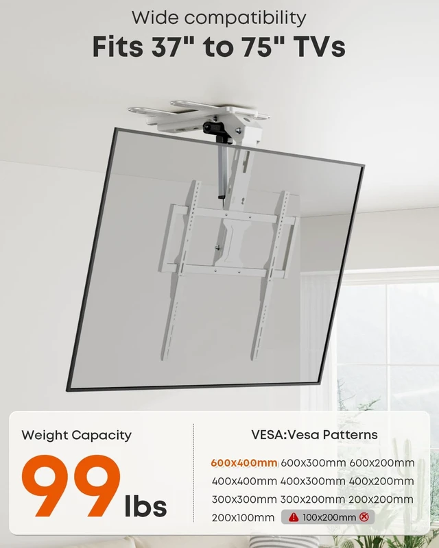 Alt view image 2 of 5 - Motorized Ceiling TV Mount with Remote for 37-75 TVs, Flip Down, White