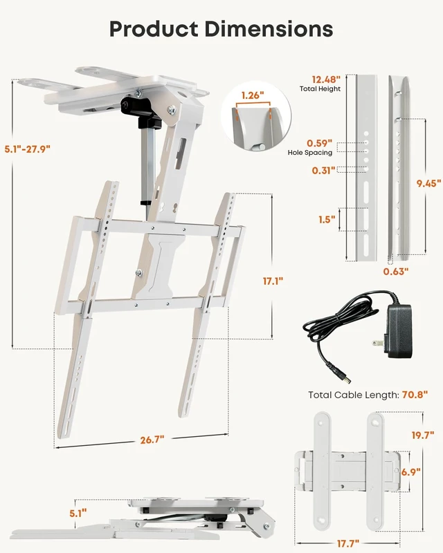 Alt view image 5 of 5 - Motorized Ceiling TV Mount with Remote for 37-75 TVs, Flip Down, White