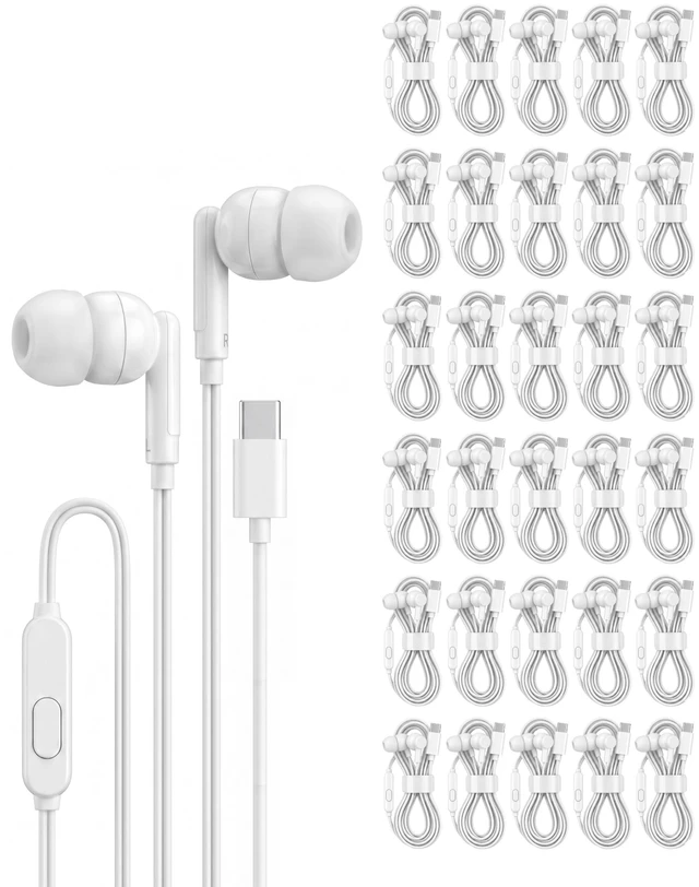 Main image of Pearl 30-Pack USB C Headphones Wired, Type C Earbuds for iPhone 17 16 15 Pro Max Plus, iPad, Android, Individually Wrapped Bulk Wired Earbuds USB C No Microphone for School Classroom Lab, White