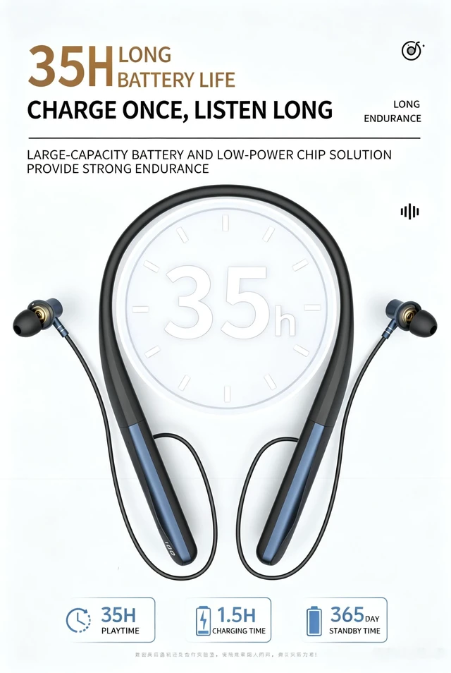 Alt view image 3 of 5 - MOCANIO Neckband Bluetooth Headphones, ENC Noise Cancelling Wireless Earbuds with Bluetooth 6.0, 35H Playtime LED Battery Display, Magnetic in-Ear Earphones for Sports Gaming Workout