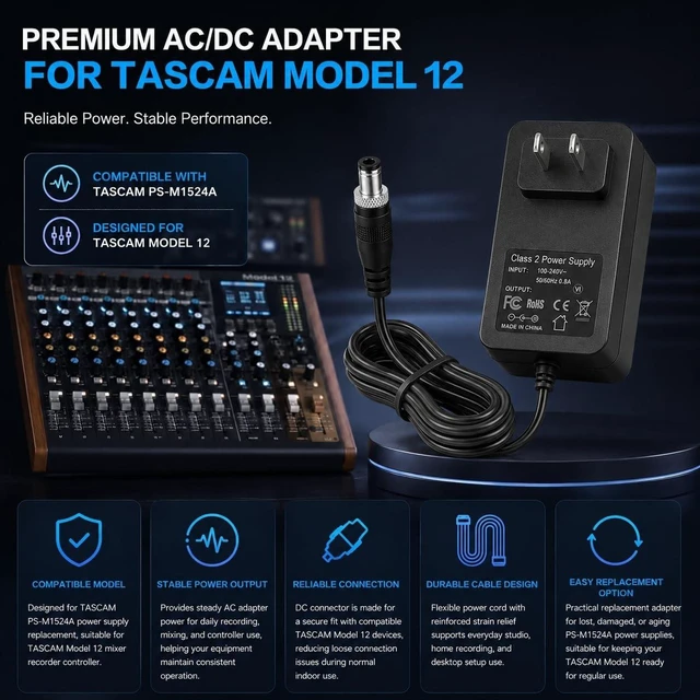 Alt view image 3 of 5 - 15V Power Adapter Charger for TASCAM PS-M1524A Power Supply for TASCAM Model 12 Mixer Recorder Controller Power Supply Cord Cable Charger PSU